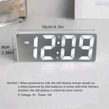 SOKANY 1pc Minimalist Mirror Alarm Clock, High-Definition Smart LED Clock With Temperature Display, Adjustable Brightness, Voice Control Function, 12/24 Hour Format, USB And Battery Powered, Suitable For Desk Clock, Bedroom Alarm - Silver-white - View 6