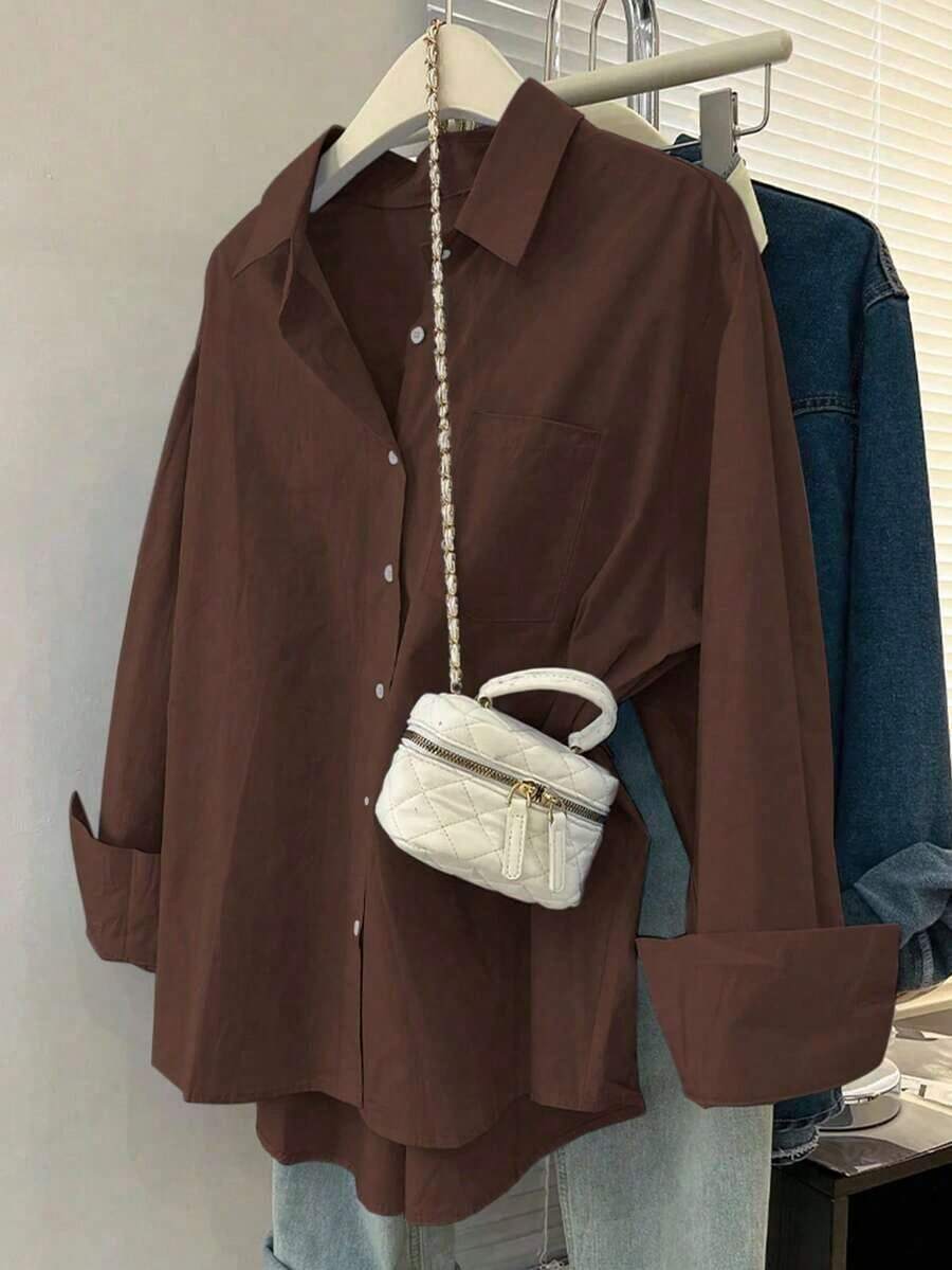 Camisa casual de manga larga de un solo pecho y holgada de unicolor para mujer, otoño - Café integral - Ver 1