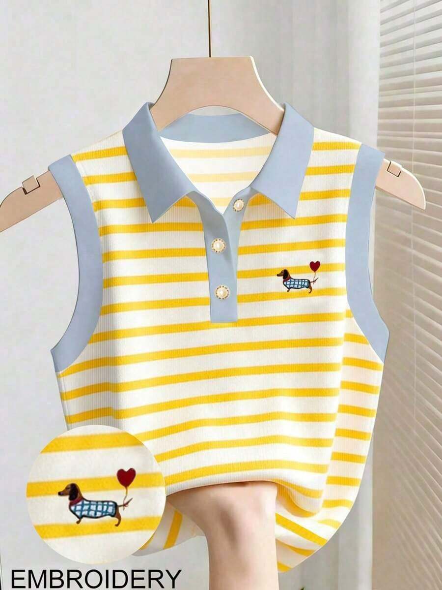 Camiseta de tirantes casual y versátil con cuello polo a rayas para mujer - Multicolor 4 - Ver 1