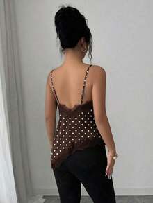 Camiseta de mujer elegante con parches de encaje y lunares - Café integral - Ver 2