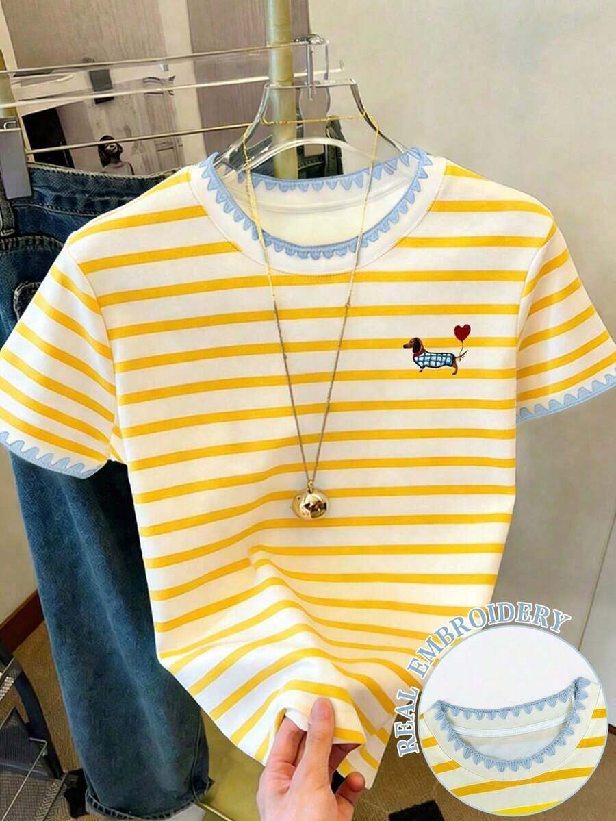 Camiseta de mujer con paneles de imitación de denim a rayas / Estampado de Dachshund / Uso diario casual / Verano - Multicolor 2 - Ver 1