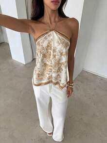 Blusa de mujer elegante con cuello de halter, estampado de tinte anudado y gasa para vacaciones en la playa - Caqui - Ver 7