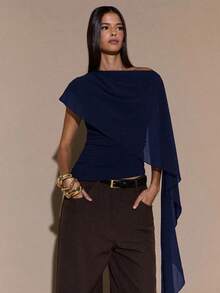 Blusa de punto con cuello anudado y hombro asimétrico, suéter elegante y ajustado, otoño/invierno - Azul marino - Ver 1