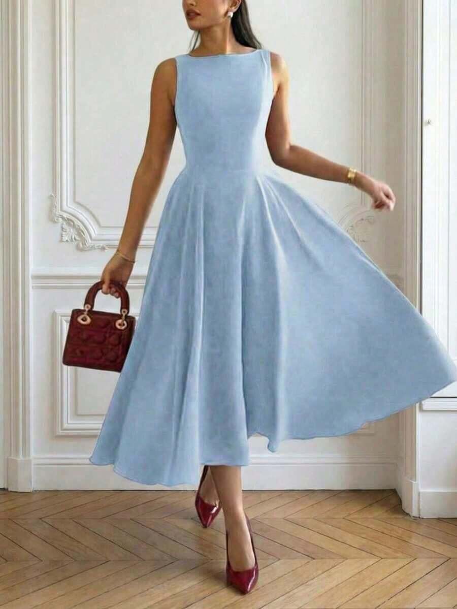 Elegante vestido maxi romántico francés con espalda descubierta, cintura ceñida y diseño calado, elegante y sexy, adecuado para Navidad, fiestas de vacaciones, citas de verano - Azul - Ver 1
