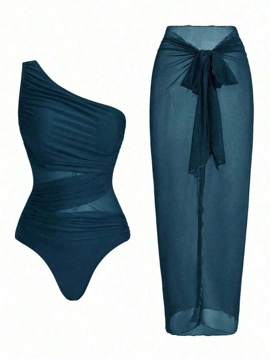 Swim Oasis Traje de baño de una pieza con panel de malla fruncida de unicolor y falda pareo - Agua verde azul 2 - Ver 1