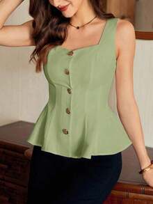 Blusa de mujer vintage, elegante y clásica, con cierre de botones metálicos con forma de flor, blusa sin mangas blanca, para primavera/verano - verde menta - Ver 8