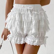 Women's Solid Color Bowknot Decorated Multi-Layer Ruffle Hem Lantern Shorts - Blanco - Ver 5