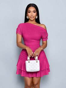 Vestido mini con mangas largas, cuello asimétrico, doble volante y pliegues en color albaricoque elegante para fiesta y día en tejido de punto - Rosa Fucsia - Ver 7