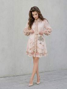 Elegant Floral Short Dress, Casual Romantic Chic Shirt Dress With Adjustable Belt For Party, Work, Office, Social Event, Garden - 粉色 - 查看 5