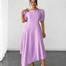 Vestido elegante de color liso con cuello redondo, manga corta, dobladillo irregular, manga abullonada, dobladillo de pañuelo, cintura ceñida, con acento de hebilla de metal, adecuado para vacaciones, informal, viajes diarios, diseño de moda, talla pequeña a grande, vestido largo largo Vestido lavanda para mujer Vestido elegante morado Mujer - Púrpura - Ver 8