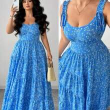 Vestido largo sin mangas con tirantes y estampado floral azul estilo bohemio de talla grande para mujer - Multicolor - Ver 1