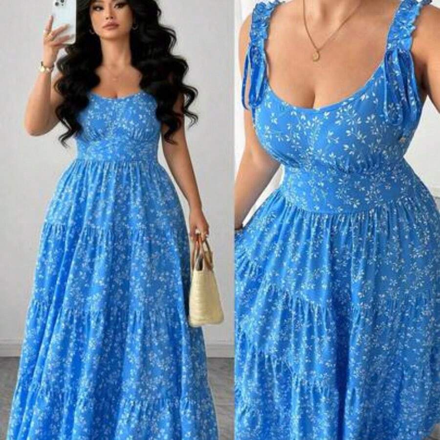 Vestido largo sin mangas con tirantes y estampado floral azul estilo bohemio de talla grande para mujer - Multicolor - Ver 1