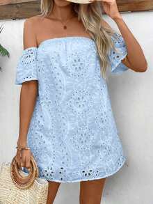 Vestido de verano de unicolor para mujer con hombros abiertos, con patrón bordado calado, mini vestido corto para vacaciones y playa - Azul - Ver 6