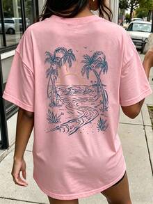 Women's Palm Tree Print Casual Round Neck Short Sleeve T-Shirt, Vacation/Resort WearPrinted Round Neck Short Sleeve Women's Tee - Daily Casual, Sports - 粉色 - 查看 5