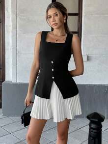 Vestido plisado con dobladillo dividido en color negro y blanco contrastante para mujer - Blanco y Negro - Ver 5