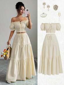 Nuevo conjunto de 2 piezas para mujer con blusa de hombros descubiertos y mangas abullonadas, con lazo en la cintura y falda A-line recogida, ideal para vacaciones, casual, moda joven, versátil y elegante - Albaricoque - Ver 4