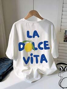 2026 T-Shirt Bianca Oversize 100% Cotone, T-Shirt Grafica Stile Street Americano Retrò, Abbigliamento Sportivo Casual Primavera/Estate/Tutte Le Stagioni Per Donna, Top A Maniche - 白色 6 - 查看 4