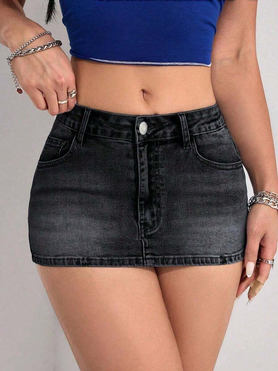 Minifalda vaquera sexy para mujer, de verano - Negro - Ver 1