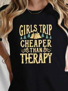 Short-Sleeve Travel Print Crew Neck T-Shirt For Girls, Casual Short-Sleeve Top For Spring/Summer, Women's Clothing. Crew Neck, 100% Cotton, Soft Fabric, Short Sleeves, Breathable And Cool. - 黑色 - 查看 6