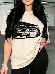 Short-Sleeve Printed T-Shirt For Women, Casual T-Shirt For Men, Urban Style Sports Car Print Short-Sleeve Top, Fashionable Everyday Wear For Men, Fashionable Women's Clothing, Crew Neck, 100% Cotton, Soft Fabric, Short Sleeves, Breathable And Cool. 100% Cotton - 杏 - 查看 1