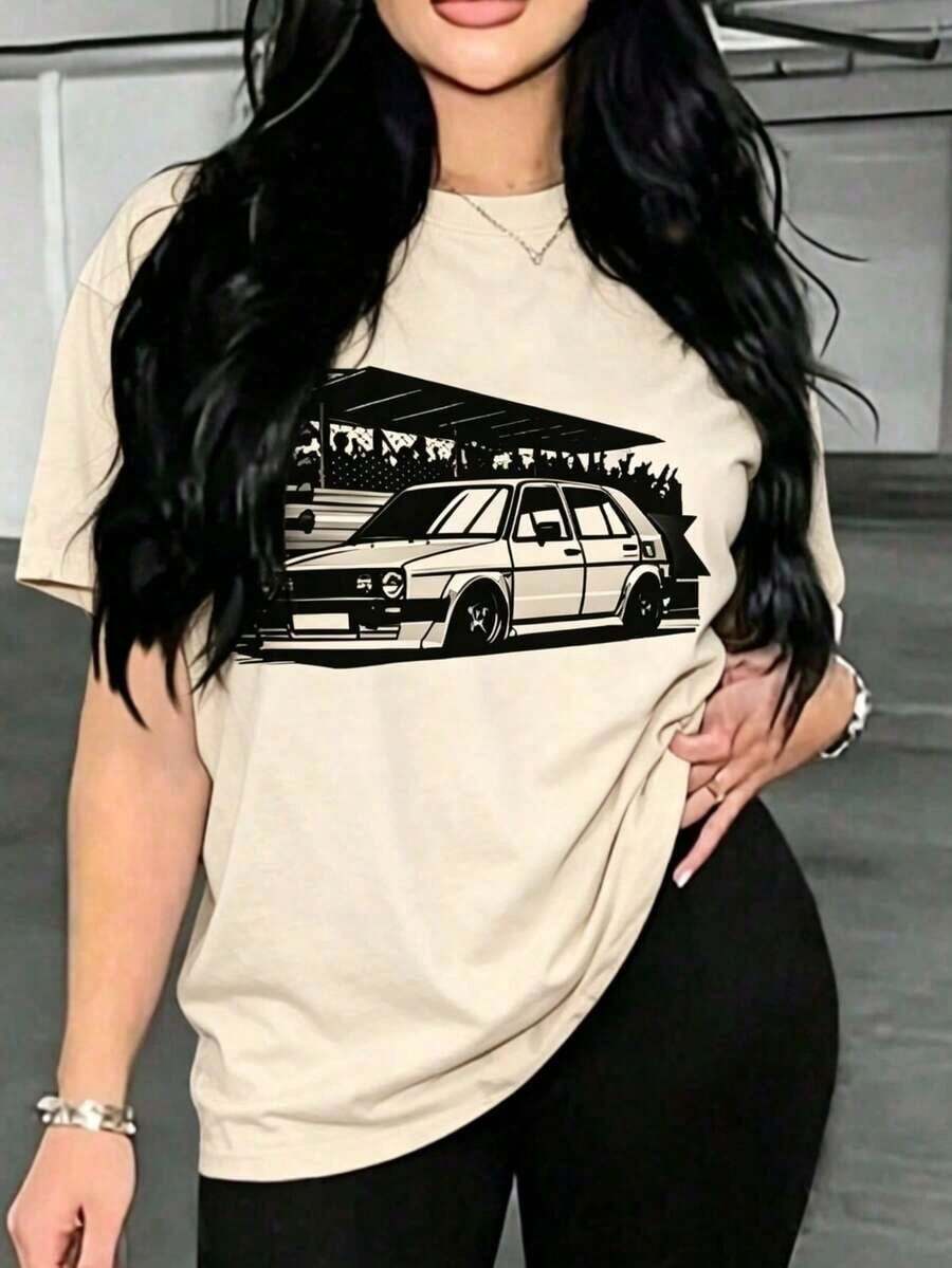 Short-Sleeve Printed T-Shirt For Women, Casual T-Shirt For Men, Urban Style Sports Car Print Short-Sleeve Top, Fashionable Everyday Wear For Men, Fashionable Women's Clothing, Crew Neck, 100% Cotton, Soft Fabric, Short Sleeves, Breathable And Cool. 100% Cotton - 杏 - 查看 1