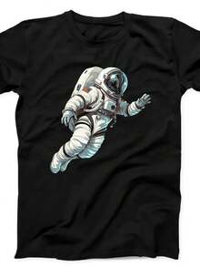 Black T-Shirt With A Floating Astronaut Print, A Bestseller And A Fun Gift. T1EE B21. Unisex T-Shirt, 220 Gsm, 100% Cotton. Ideal Weight For All Seasons, Suitable For Both Men And Women. High-Quality, Durable Fabric That Is Soft To The Touch And Long-Lasting. Breathable Garment, Perfect For Autumn, Holidays, Mother's Day, Independence Day Celebrations, And As A Gift. - 黑色 - 查看 1