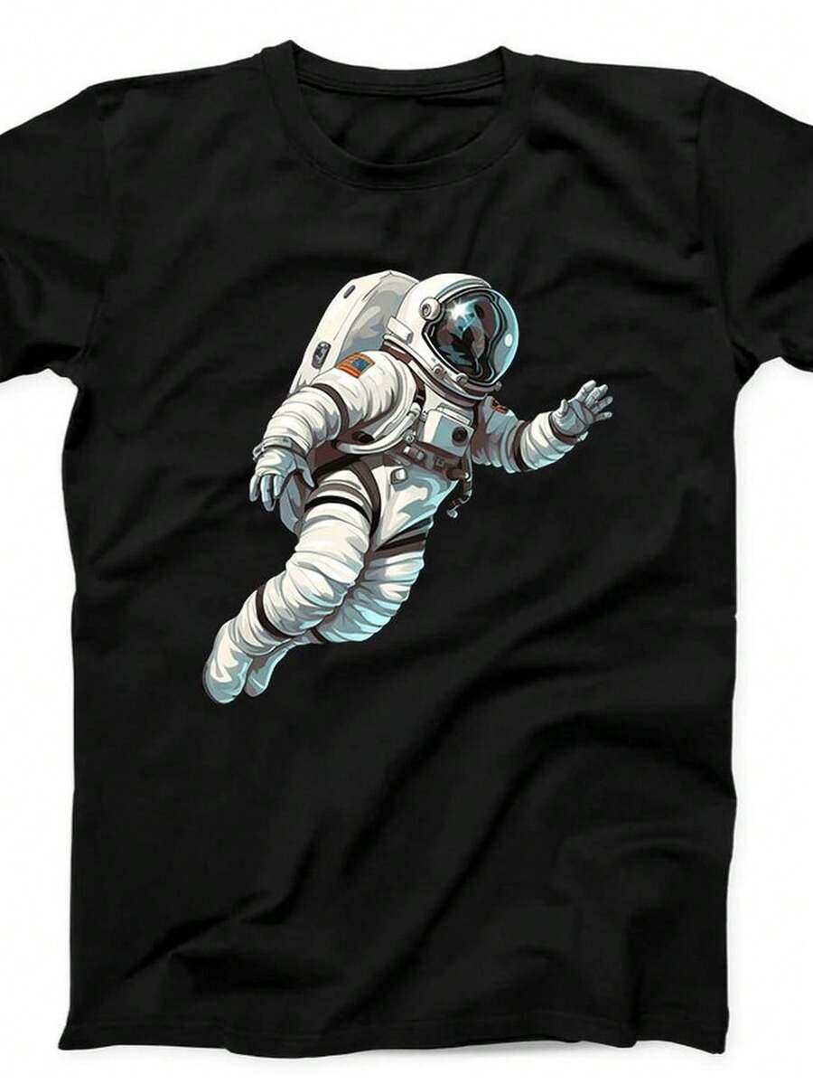 Black T-Shirt With A Floating Astronaut Print, A Bestseller And A Fun Gift. T1EE B21. Unisex T-Shirt, 220 Gsm, 100% Cotton. Ideal Weight For All Seasons, Suitable For Both Men And Women. High-Quality, Durable Fabric That Is Soft To The Touch And Long-Lasting. Breathable Garment, Perfect For Autumn, Holidays, Mother's Day, Independence Day Celebrations, And As A Gift. - 黑色 - 查看 1