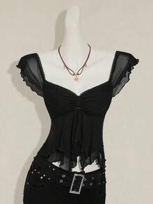 Top sin mangas con volantes, escote con pliegues, ajuste ceñido, parches de malla sexy, espalda con lazo, top casual de vacaciones - Negro 2 - Ver 7