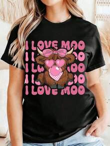 Camiseta de Mujer con Estampado de Vaca con Lazo Rosa y Gafas de Corazón, Temática de San Valentín, Estampado "I Love Moo", Estilo Casual y Moderno, Cuello Redondo, Suave y Cómoda para Uso Diario, Opción de Regalo para Fiestas, Transpirable y Confortable. - Negro - Ver 7