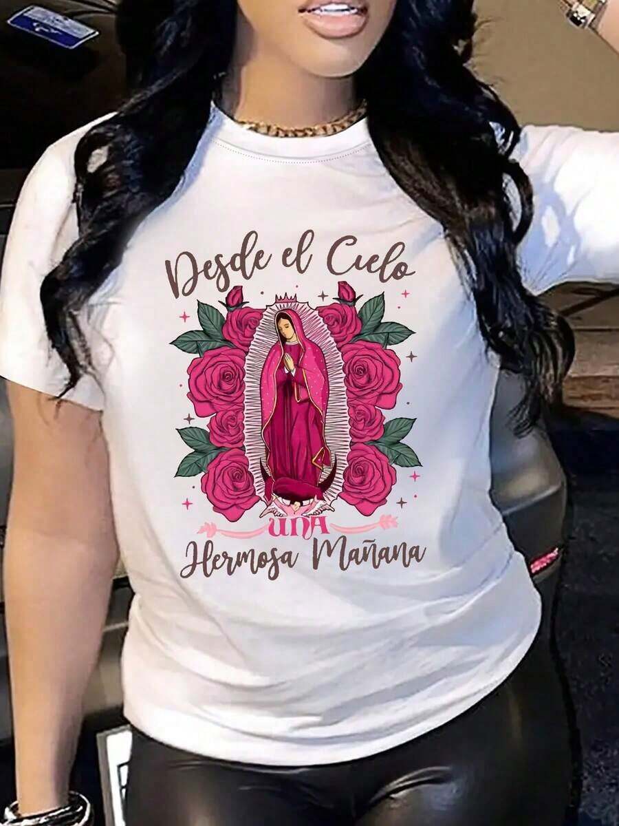Conjunto para el Día de la Madre: Nueva Camiseta Cristiana Rosa 'From Heaven' para Mujer - Diseño de la Virgen María y Rosario, Corte Holgado, Manga Corta Casual, Cuello Redondo, Top con Estampado Religioso Cómodo para Todas las Temporadas, Lavable a Máquina, Tela Cómoda. - Blanco - Ver 1