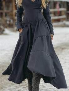 New  Women's Dress, Denim Style, Long Sleeves, Fitted Cut, Appliqué/Fabric Mix Design, Casual Style, Flattering Design, Perfect For Everyday And Urban Looks - 深灰色 - 查看 3