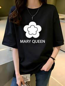 Camiseta clásica de una pieza con el de Mary y diseño floral,% algodón, para mujer, adecuada para uso diario casual, suave, estilo clásico, unisex, disponible en 5 colores, artículoás vendido, camiseta de verano. - Negro - Ver 5