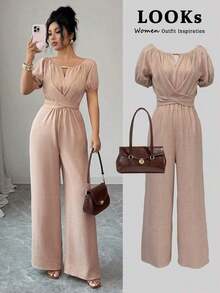 Mono elegante de mujer con cuello redondo, manga larga, pierna ancha, decoración de cuentas de madera y cintura retorcida en color caqui para uso diario - Color caoba - Ver 8