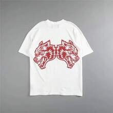 DARCSPORT Classic Wolf Head Print Short Sleeve Pure Cotton Hip Hop Loose Fit T-Shirt - Trắng và đỏ - Xem 8