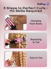 PinkSings Catokan Rambut Mini 13mm/25mm, Tongkat Pengeriting Gelombang 3-Barrel Kecil, Desain Tegangan Ganda, Cocok Untuk Penggunaan di Rumah dan Perjalanan, Tiga Mikro-Barrel Keramik Menciptakan Gelombang Pantai Alami yang Rapi - Hot Pink - View 4