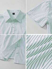 Blusa elegante para oficina con ajuste delgado, de manga corta, a rayas amarillas y blancas, estilo francés, para mujer - Verde - Ver 9