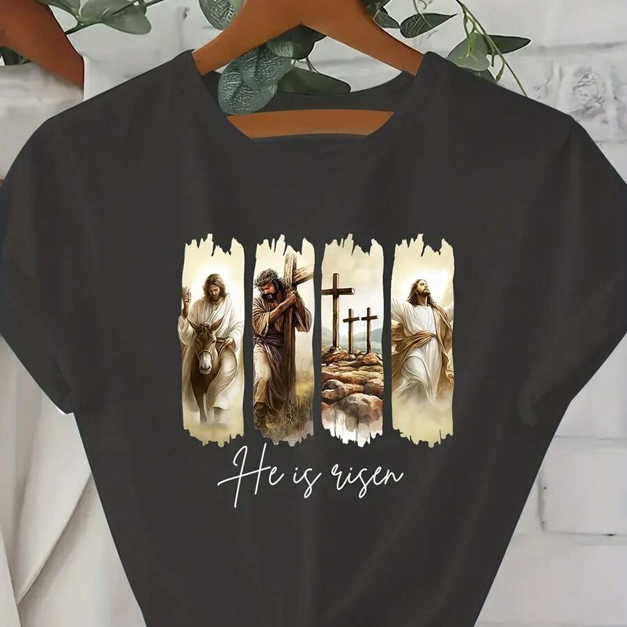 clothes Women's Tshirt, Religious Jesus Passion He Has Resurrected Pattern Printed Tshirt Autumn Round Neck Comfclothestable Shclothest Sleeve Women's Tshirt, Breathable Casual Spclothests Autumn Top, clothesd - Negro - Ver 1
