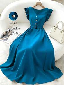 Elegante vestido azul verdoso de cuello en V francés con cintura ceñida y mangas acampanadas con volantes, cinturón con hebilla metálica, para primavera/verano, vestido elegante para damas, ropa de oficina casual, vestido de verano para mujer, vestido de longitud media, vestido de satén mate de alta gama, ropa de verano para mujer, uniforme de maestra - Azul - Ver 6