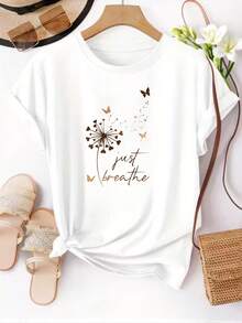 Short-Sleeved T-Shirt With Dandelion Heart Print, Round Neck Top For Women, Casual T-Shirt, Suitable For Daily Wear In Spring/Summer, 100% Cotton Women's Clothing. - 白色 - 查看 1