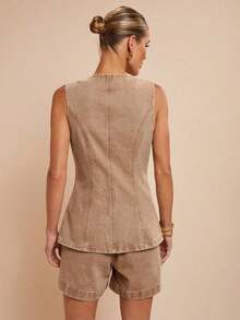Denim Traje casual de mujer con chaleco vaquero de una hilera y pantalones cortos - Albaricoque - Ver 2