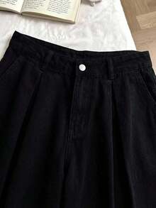 Conjunto de camisola de mezclilla casual y pantalones de pierna ancha para mujer - Negro - Ver 6