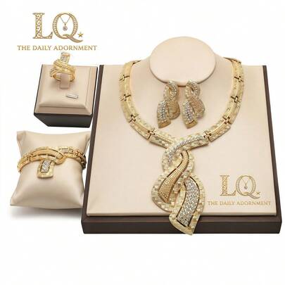 Accesorios de fiesta y baile de graduación Conjunto de joyería chapada en oro para mujer que incluye 1 collar, 1 pieza de aretes, 1 brazalete, 1 anillo, adecuado para novia europea, americana, de Medio Oriente, Dubai y africana, encantos, boda, fiesta, cita, accesorios de vestir, Día de San Valentín, regalo de vacaciones