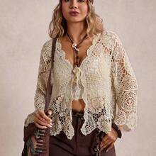 Plus Size Casual Solid Color Openwork Knit Cardigan Winter Fall Autumn - Rojo - Ver 4
