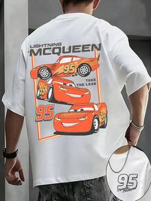 Men's Disney Cars Vintage Lightning McQueen Tee, Retro Print, Loose Fit, Casual Streetwear. - 白色 - 查看 1