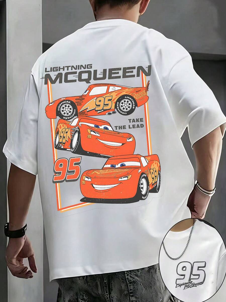 Men's Disney Cars Vintage Lightning McQueen Tee, Retro Print, Loose Fit, Casual Streetwear. - 白色 - 查看 1
