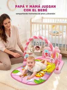 Juguete de gimnasio musical para bebé, tapete de actividades para bebés, con teclado musical y colgantes de dibujos animados, juguete electrónico musical para estimulación temprana y entrenamiento de agarre, ligero y transpirable, ideal para recién nacidos y niños pequeños para jugar en casa, perfecto como regalo de cumpleaños para niños y niñas. - Rosa - Ver 5