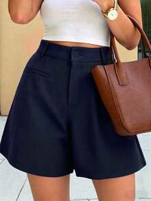 Pantalones cortos casuales de mujer, de unicolor, con corte ancho y suelto - Azul marino - Ver 3