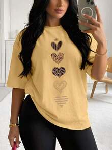 YOCASA Women's T-Shirt, White T-Shirt With 5 Leopard Hearts Print, Short Sleeve, Loose Fit, Casual And Versatile For Women. Women's Blouse With Leopard Style Heart Print, Short Sleeve, Loose Fit, Casual Daily Wear. Loose Leopard Heart T-Shirt For Women, Short Sleeve, Unique Print, Casual And Multipurpose. Comfortable And Lightweight. - YH628-黃色 - 查看 1