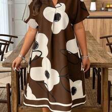 Plus Size Summer Casual Floral Print Dress - Marrón - Ver 1