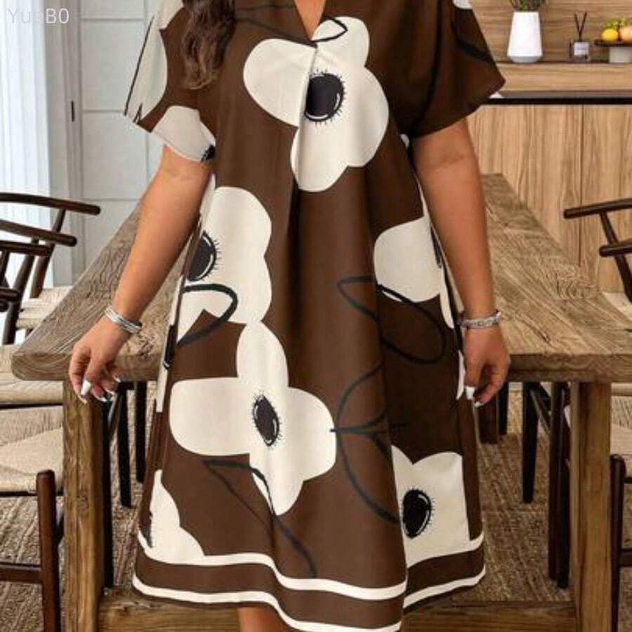Plus Size Summer Casual Floral Print Dress - Marrón - Ver 1